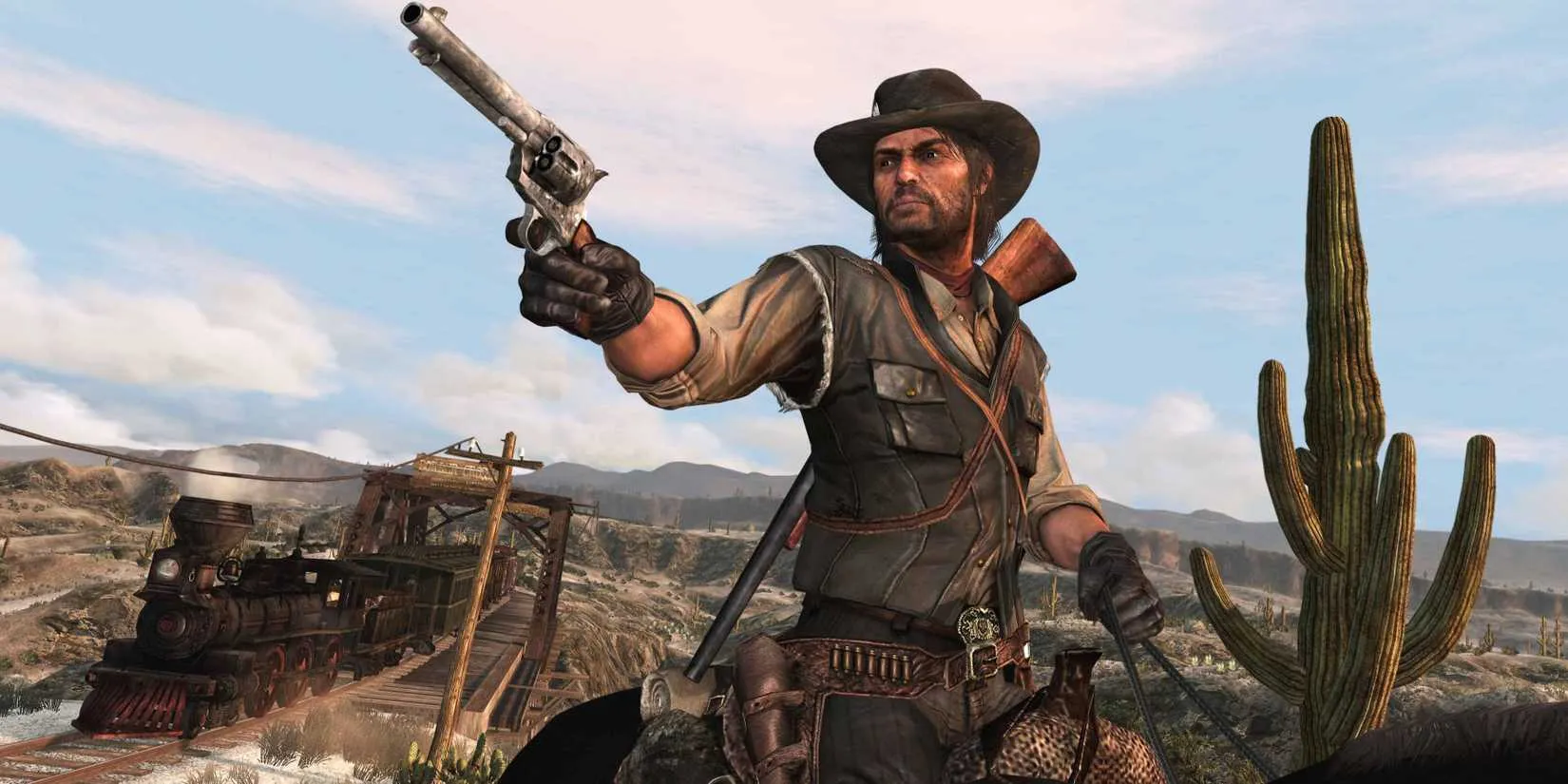 John Marston riding through the dusty frontier in Red Dead Redemption