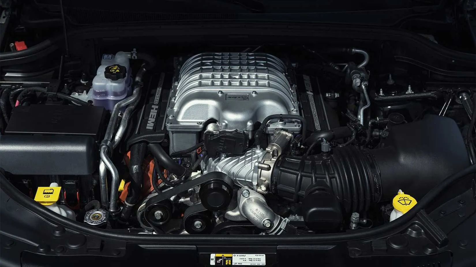 Supercharged 6.2-liter Hellcat Hemi engine bay