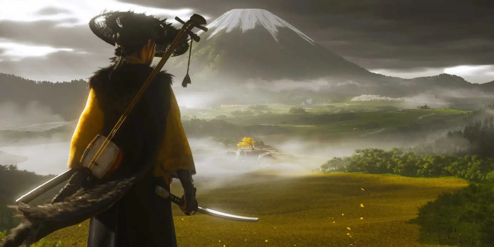 A split image featuring Ghost of Yōtei’s protagonist Atsu alongside scenes from the game's snowy landscape