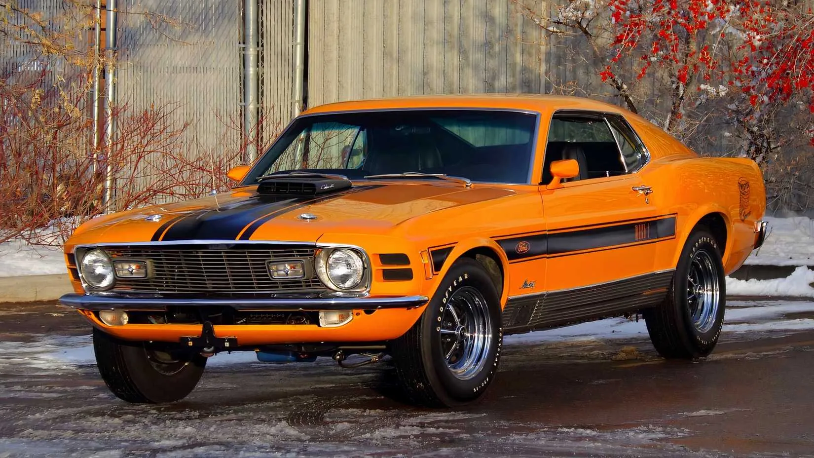 1970 Ford Mustang Mach 1 Twister Special front view in Grabber Orange