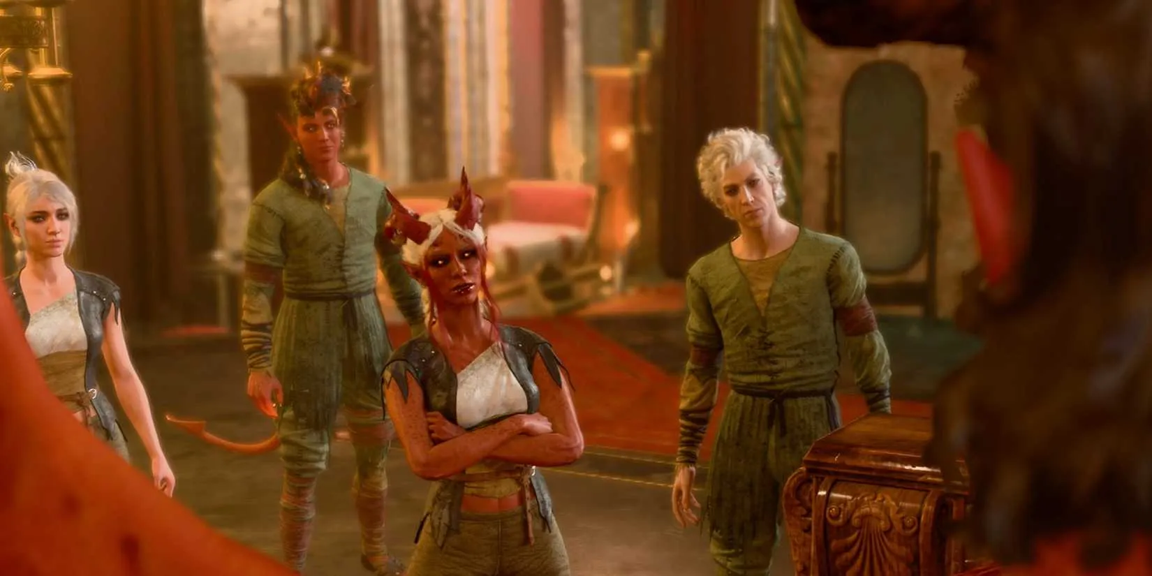 Baldur's Gate 3 party looking at Haarlep in the House of Hope