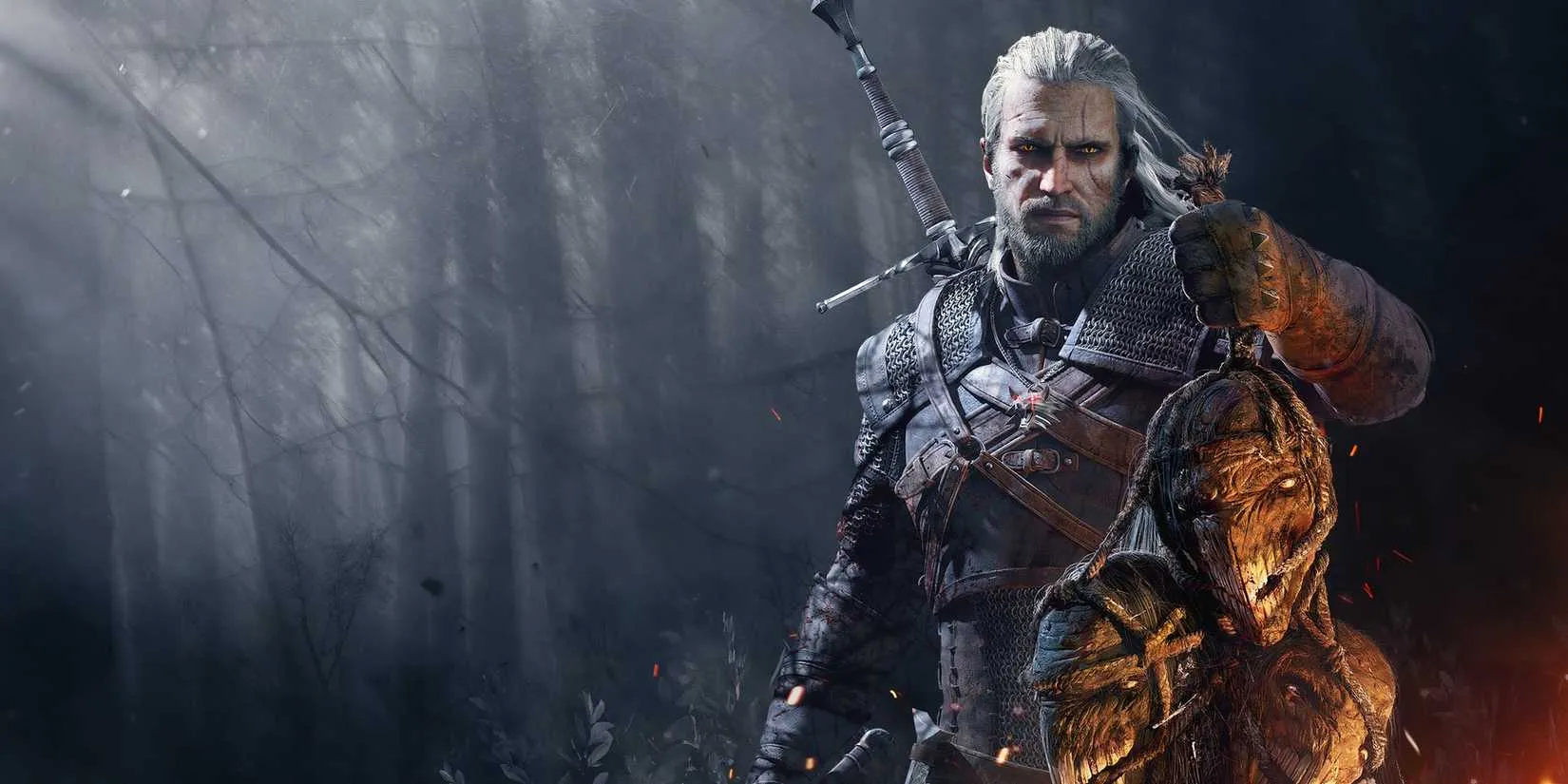 Geralt of Rivia staring down a monstrous foe in The Witcher 3