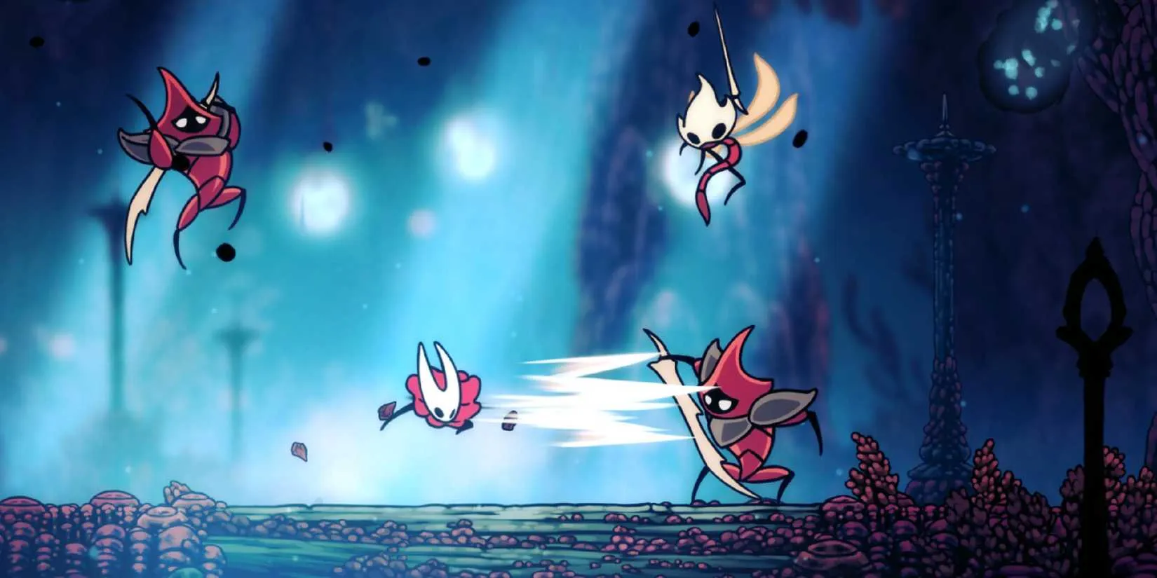 Hornet fighting several knight bugs in a blue room in Silksong