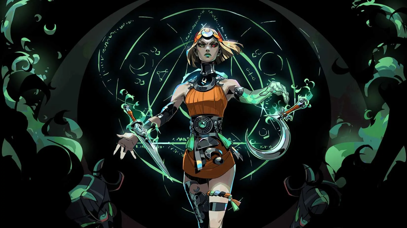 Melino&euml; wielding two magical weapons over a sigil, showcasing Hades 2's explosive combat