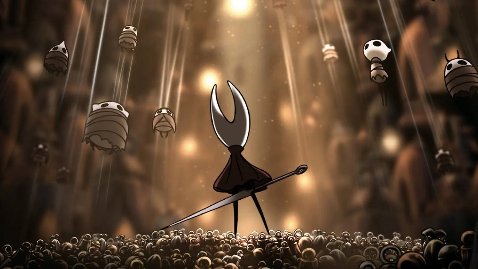 Hornet surveying a room of bugs strung up in silk, setting a haunting tone for the game's darker direction