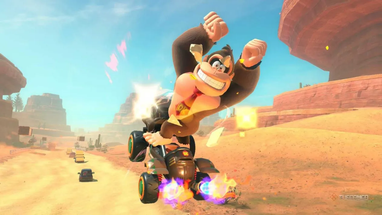 A vibrant collage from Mario Kart World showing karts racing through a sprawling open world