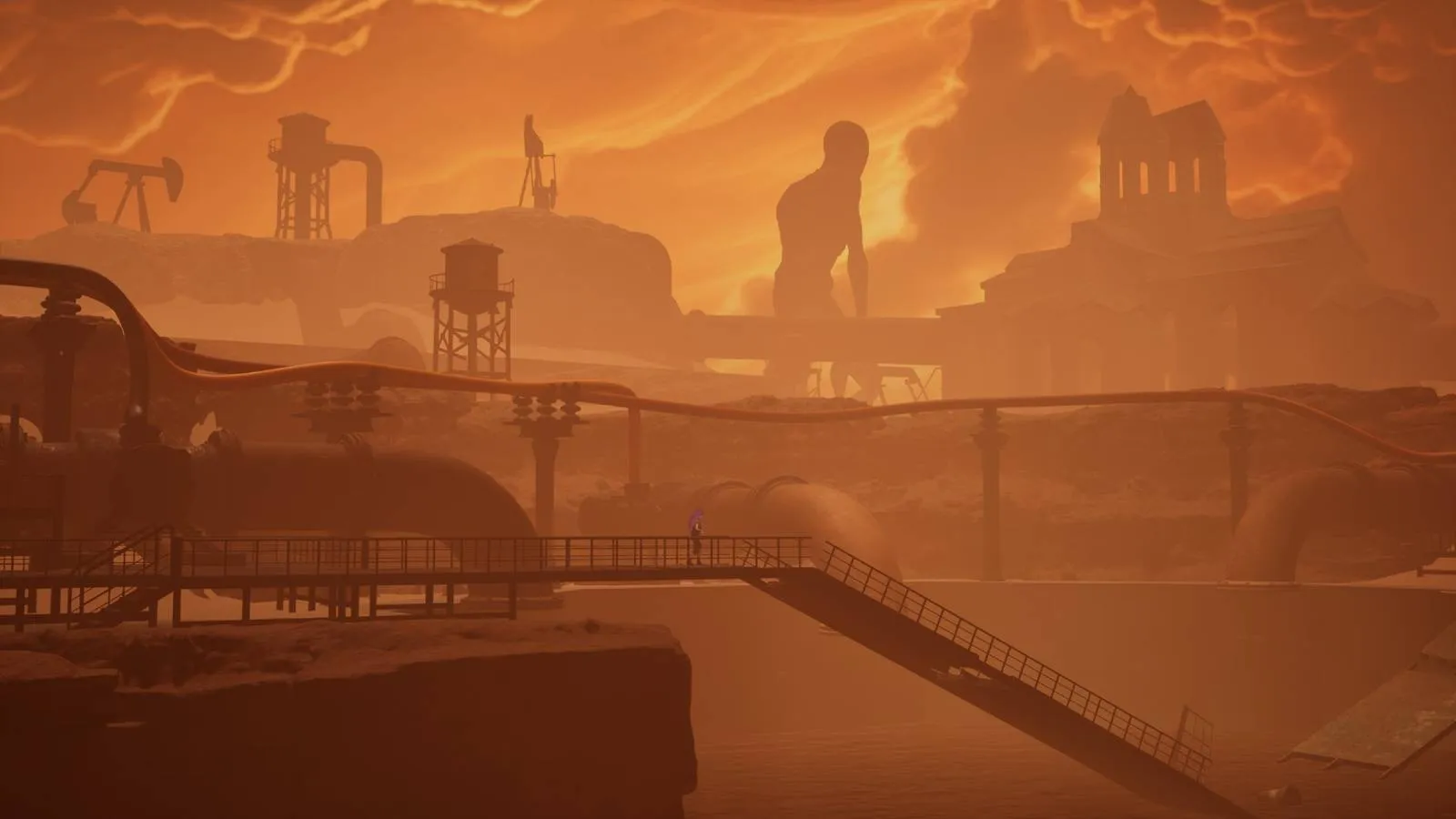 A dreamlike inverted world with twisted architecture and floating debris under a moody sky