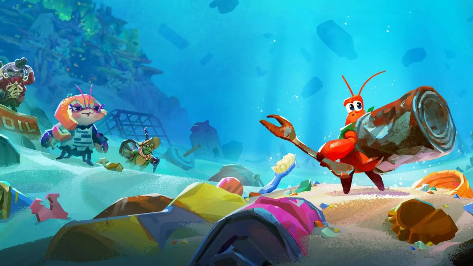 Another Crab's Treasure: a cartoon crab in a colorful underwater environment, wearing a shell