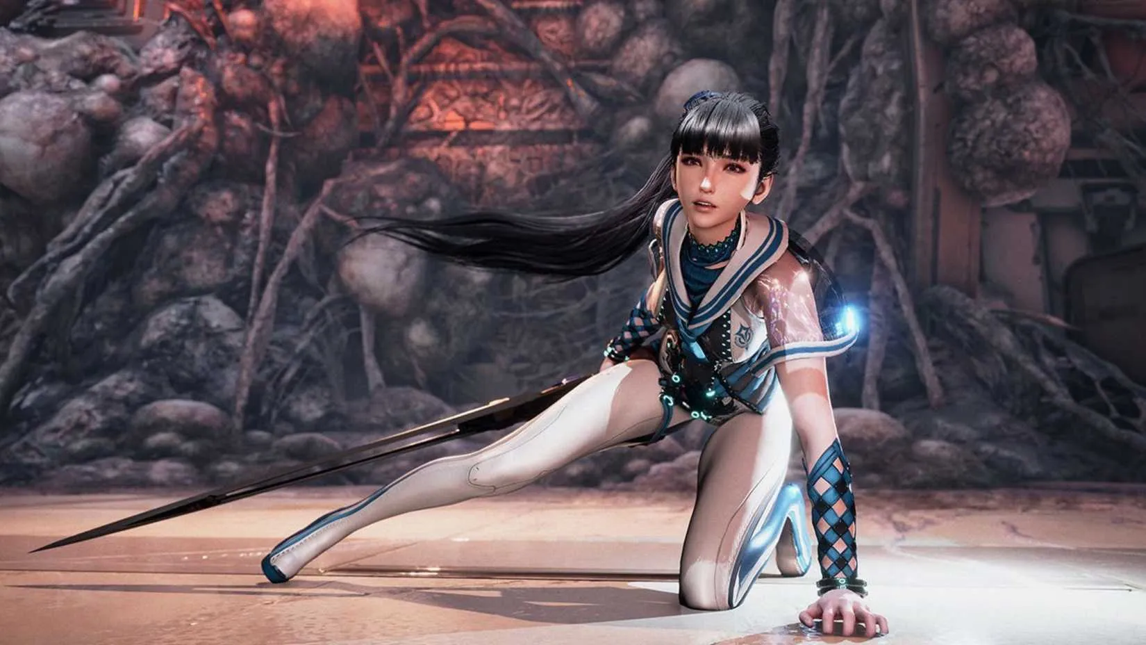 Stellar Blade: a female warrior in a futuristic setting, mid-action, with a cityscape under siege
