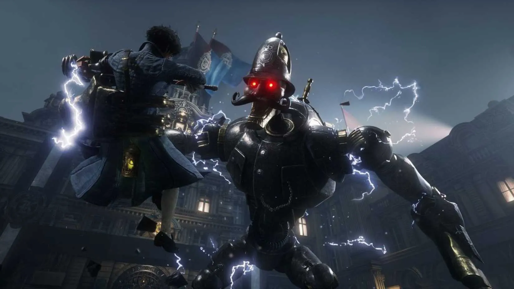 Lies of P, a dark Belle Époque streetscape with a mechanical puppet protagonist