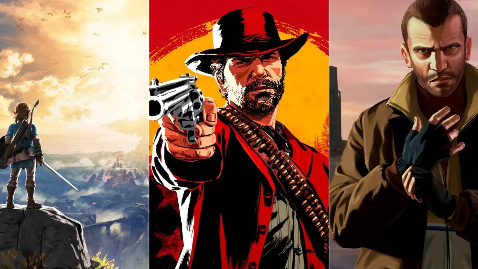 A scenic collage showing four open-world games reviewed higher than Red Dead Redemption 2