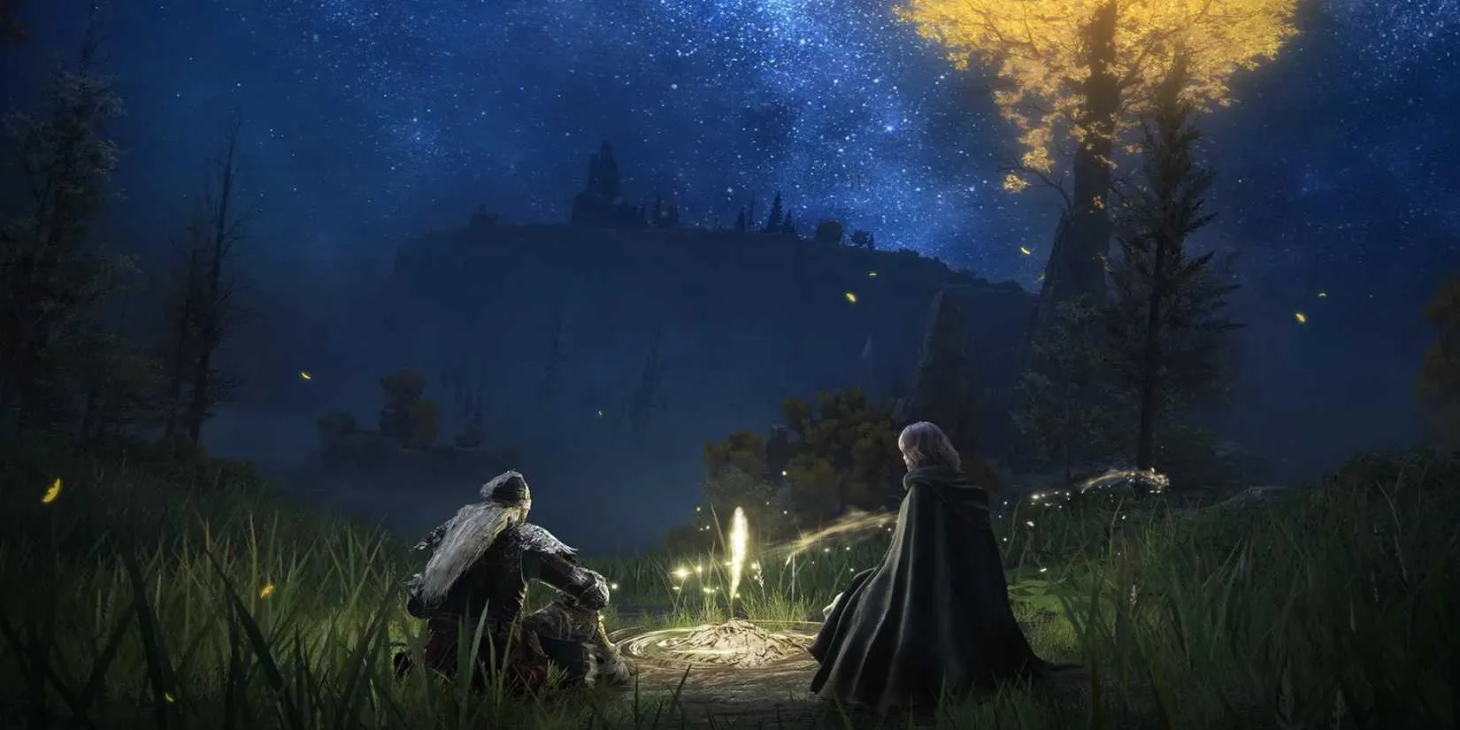 Elden Ring open world landscape with the Erdtree shining in the background