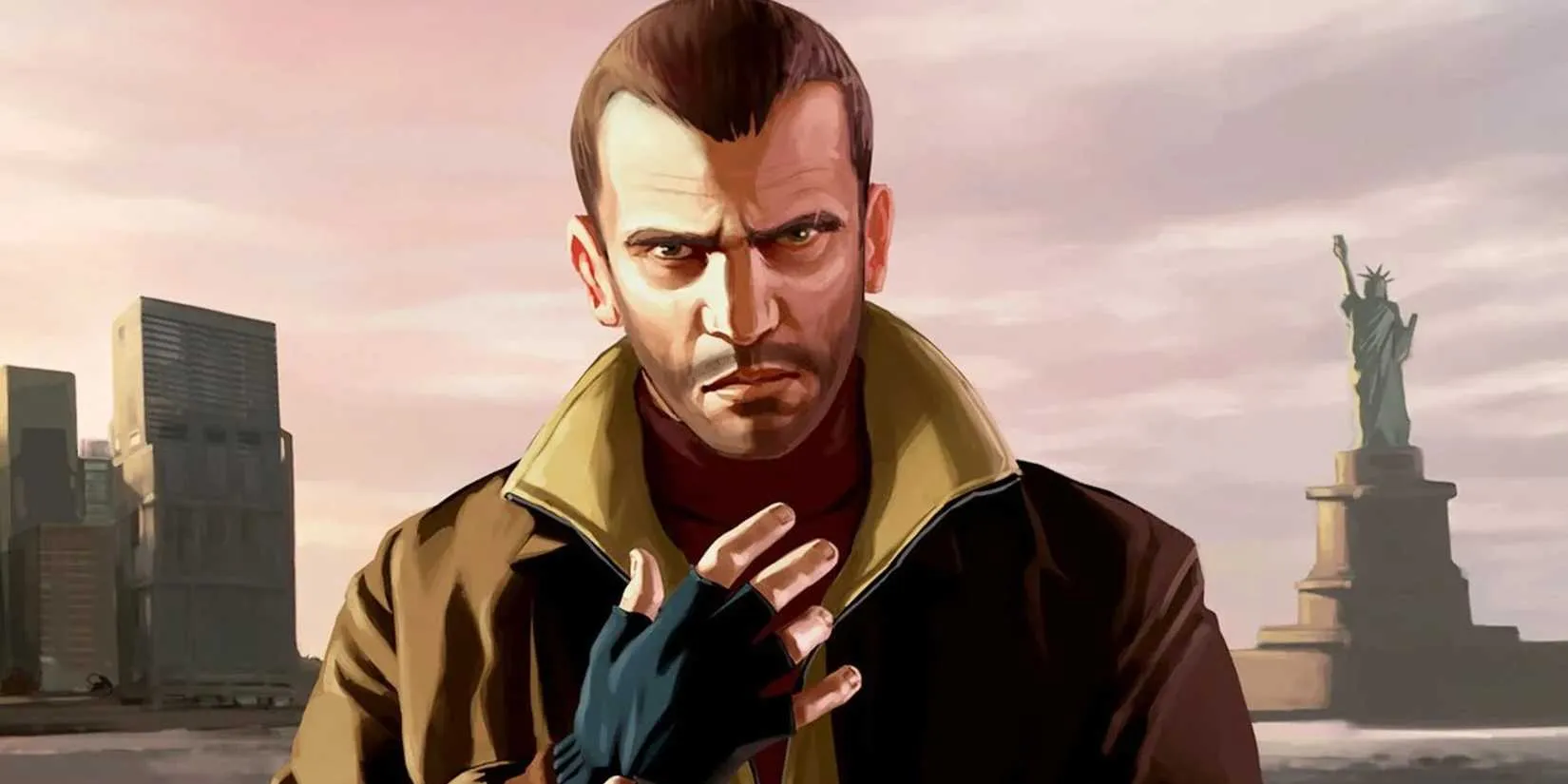 Grand Theft Auto 4 protagonist Niko Bellic standing in a moody Liberty City street