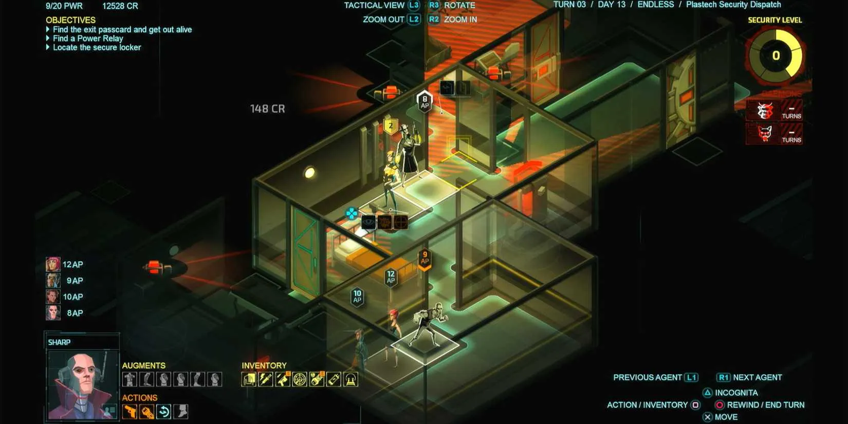 A tactical overview of an espionage mission, with sprites indicating agents and guards on a grid-based map.
