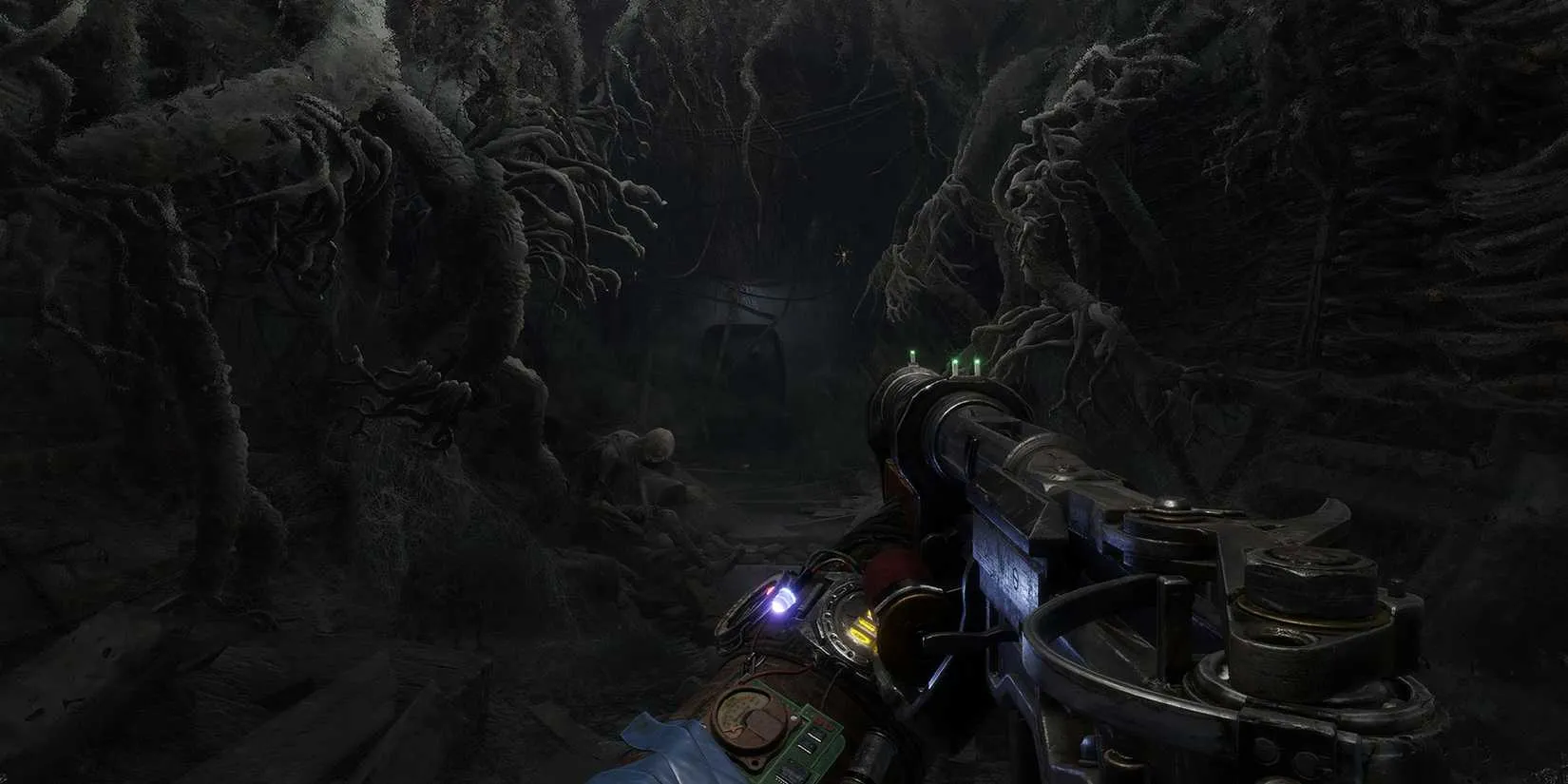A soldier in a gas mask creeps through the overgrown ruins of a post-apocalyptic world, a faint LED glowing on his wrist device.