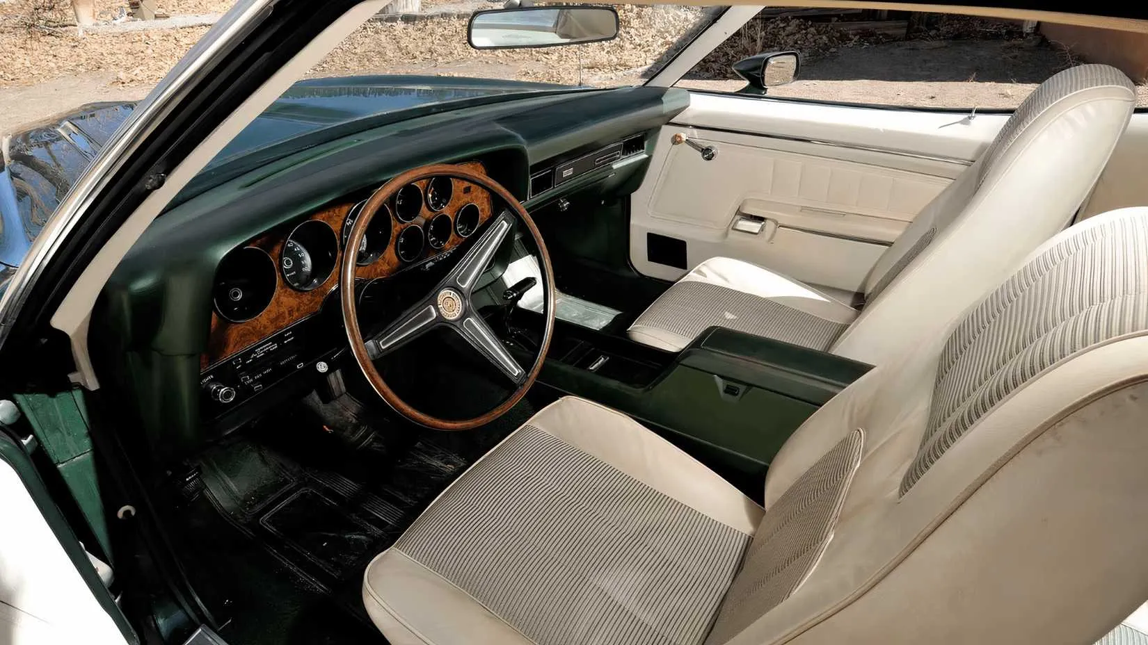 Interior of a 1972 Mercury Montego GT Cyclone showing the three-spoke steering wheel and dash
