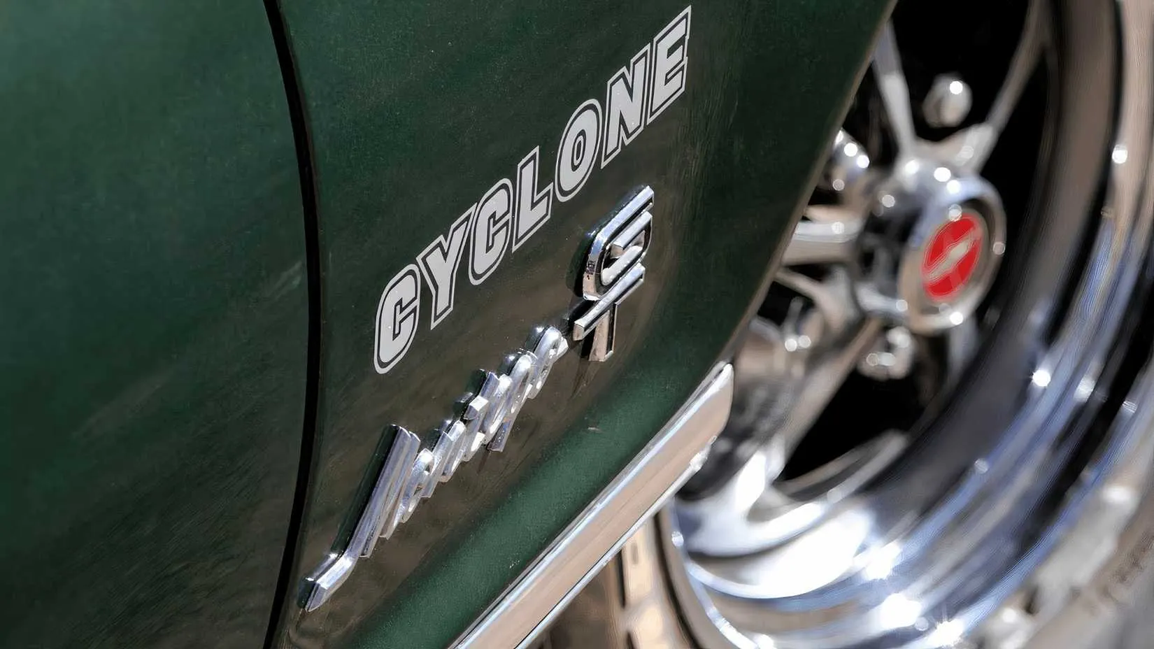 Front shot of a 1972 Mercury Montego GT Cyclone, emphasizing the Ram Air hood scoop