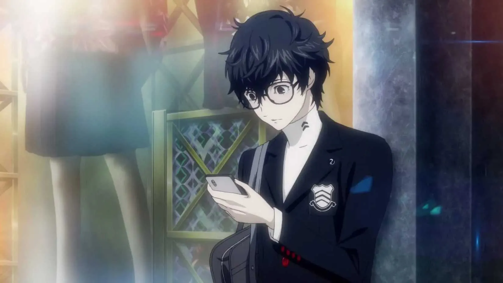 The stylish cast of Persona 5 standing in a Shibuya-inspired setting