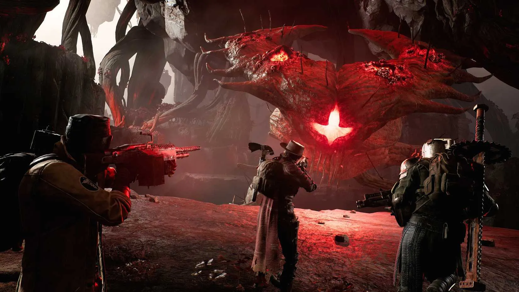 A player character firing a weapon at a monstrous boss in Remnant 2