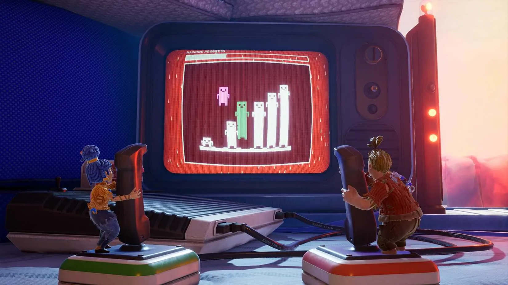 Cody and May solving a puzzle in a whimsical level of It Takes Two