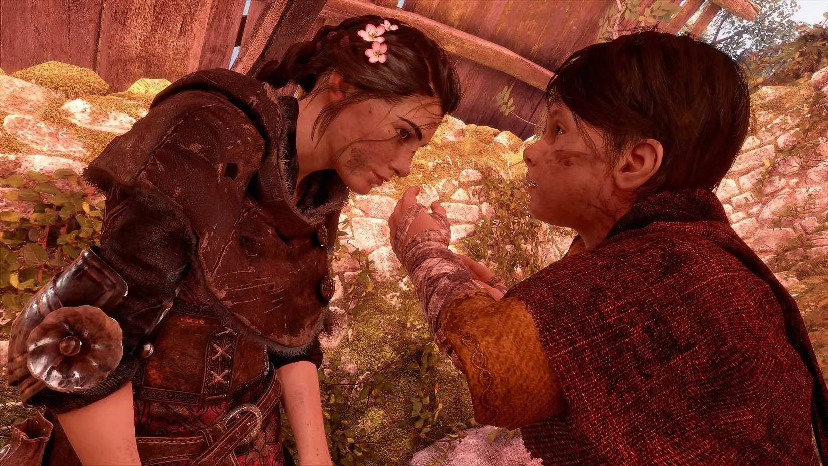 Amicia and Hugo hiding from rat swarms in A Plague Tale: Innocence