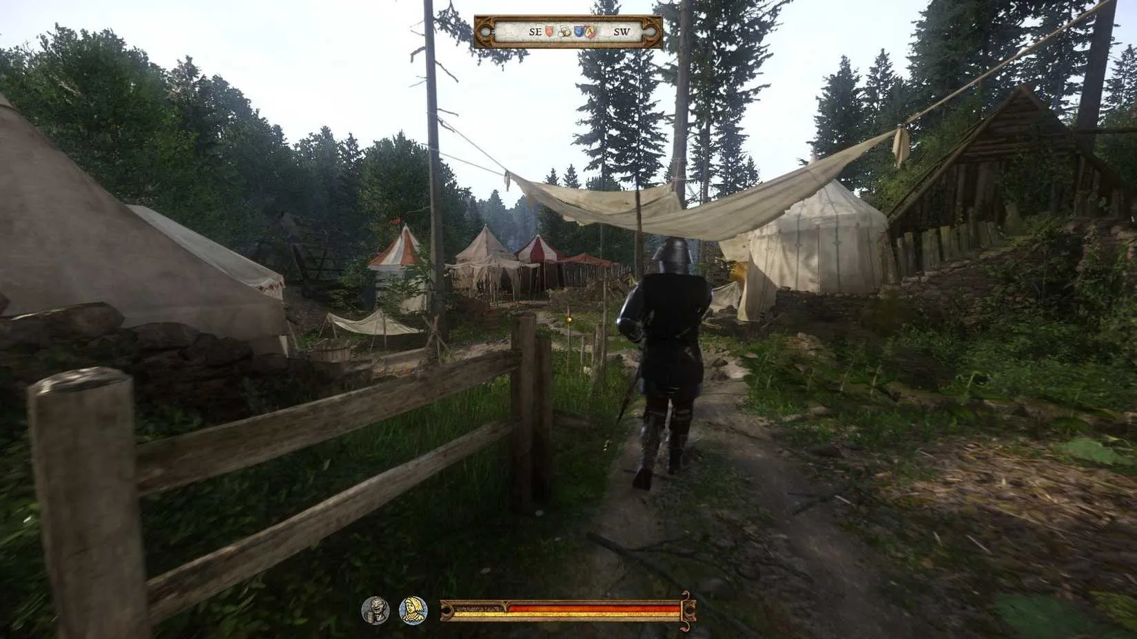 Henry riding a horse through a medieval Bohemian countryside