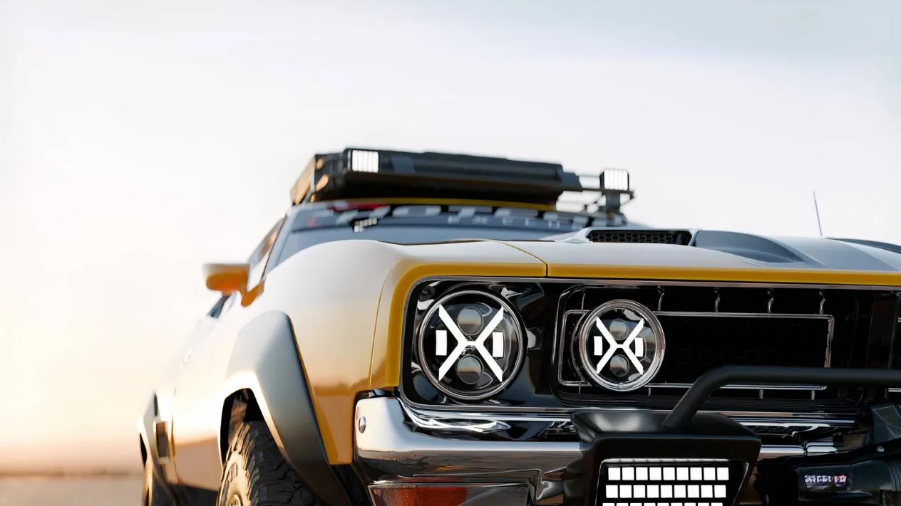 A 1975 Ford Falcon XB off-road render with yellow paint and black rally stripes, standing in a desert setting