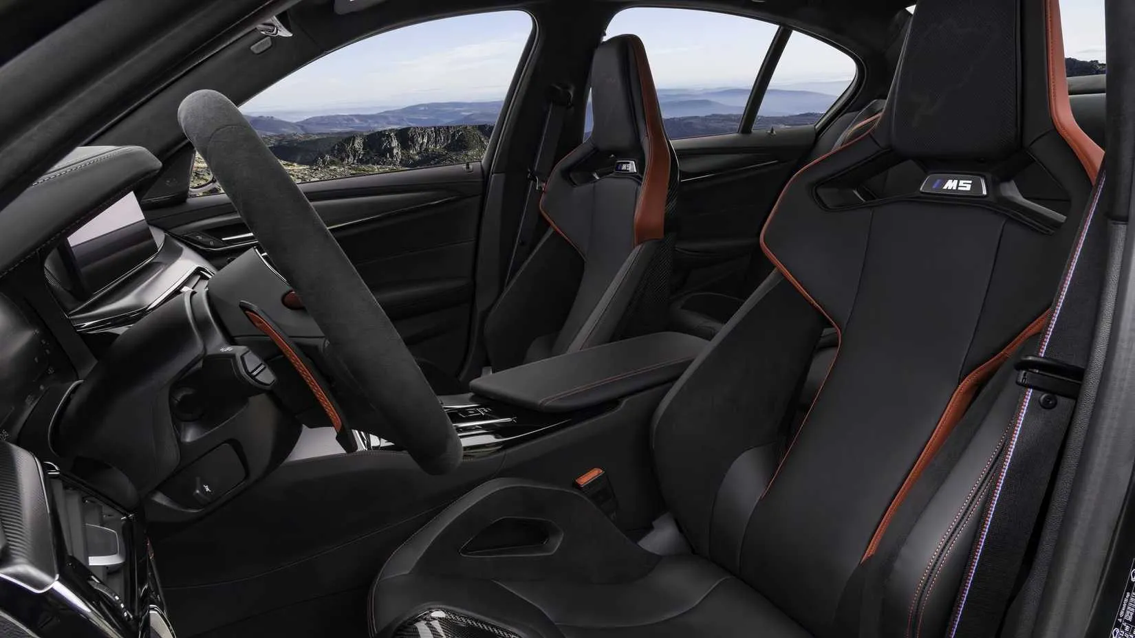 Interior of the BMW M5 CS with carbon seats and N&uuml;rburgring logo
