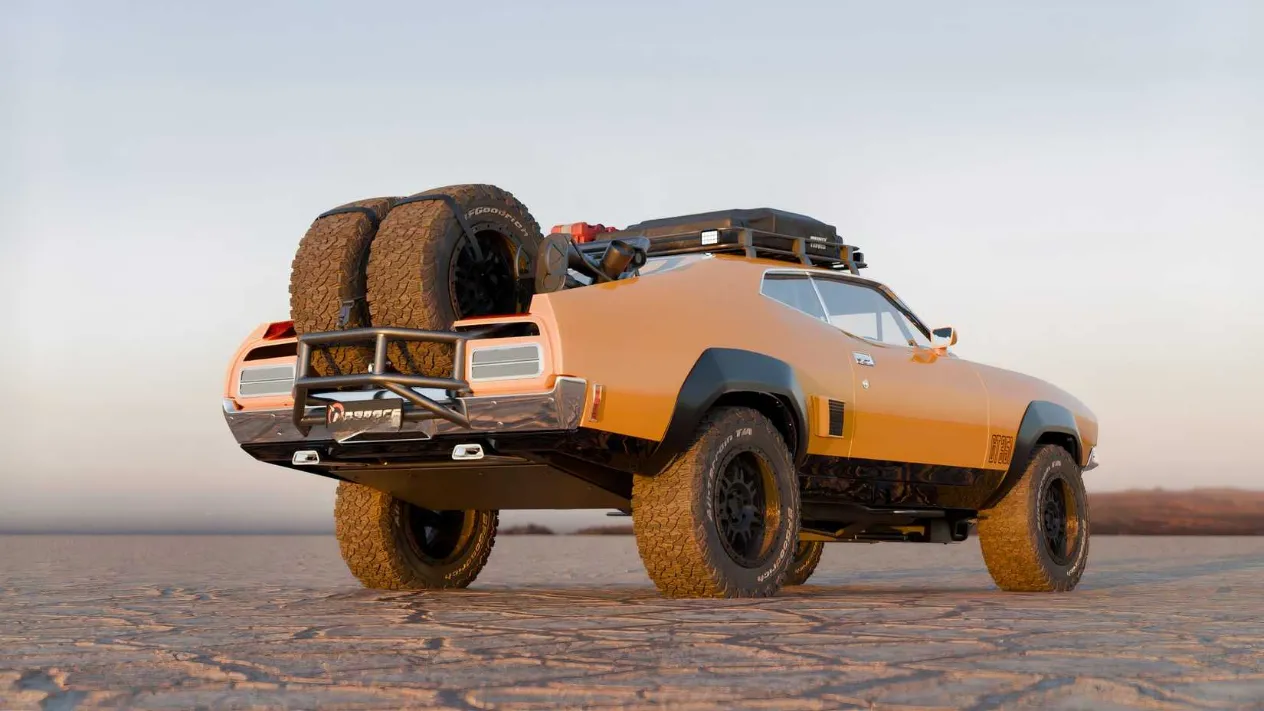 Close-up of the Falcon XB&rsquo;s off-road tires, showing 35-inch BFGoodrich KO2 tires on 20-inch matte black wheels with extended fender flares