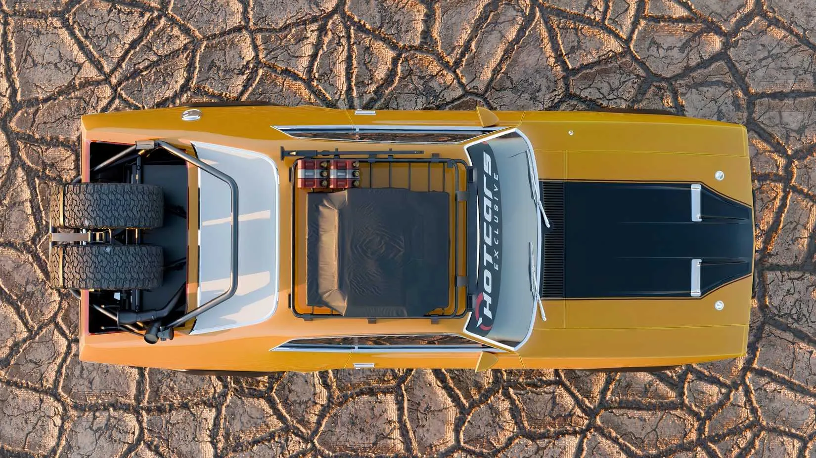 Rear view of the Falcon XB showing dual spare tires mounted rally-truck style, roof rack with LED lights, and a rugged off-road stance
