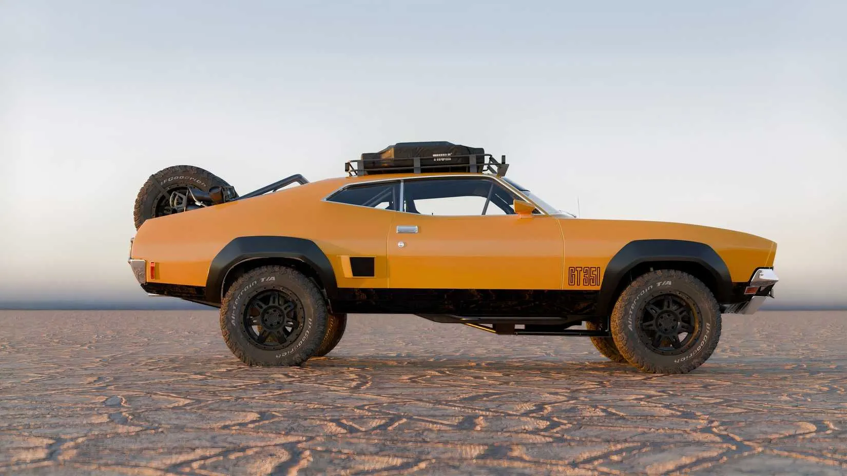 Side profile of the Falcon XB render, highlighting the fastback roofline, lifted suspension, and rugged off-road hardware