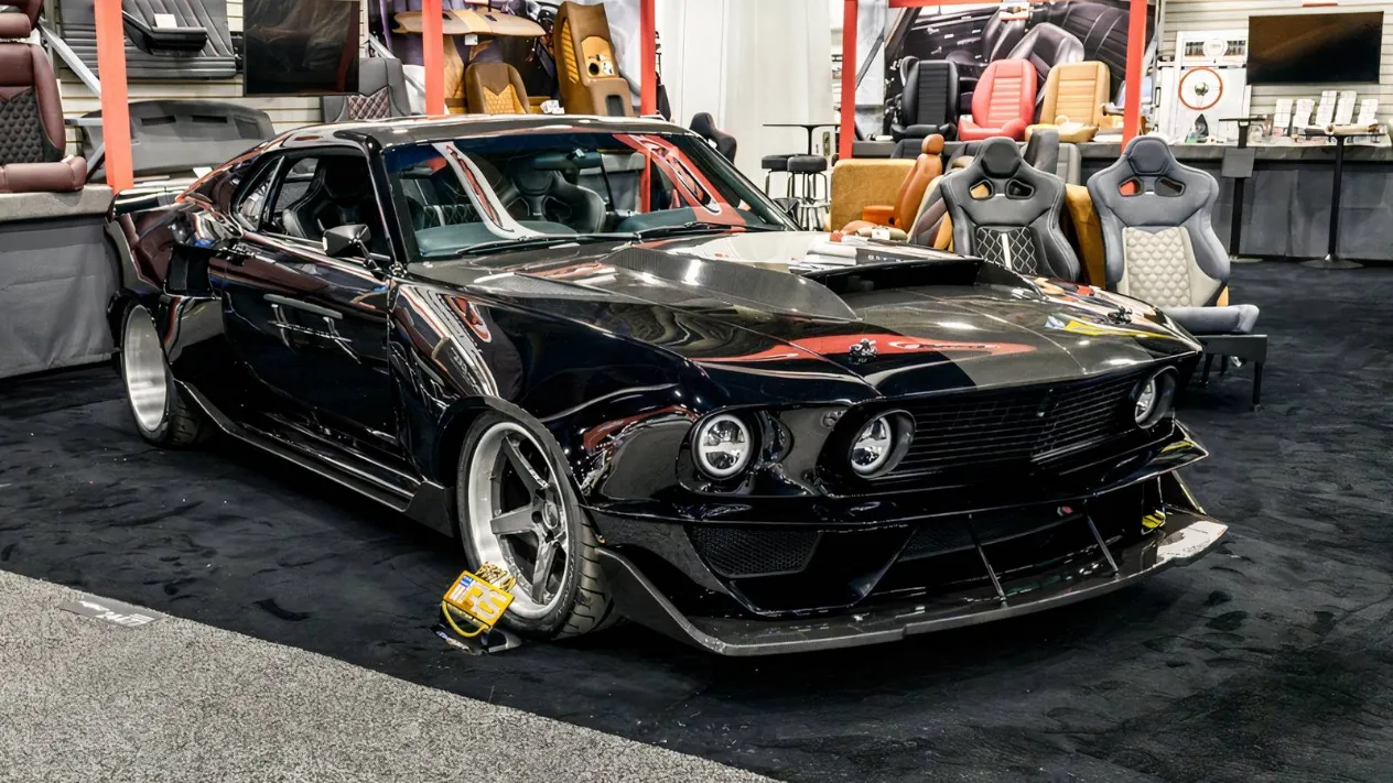 The sinister black all-carbon fiber body of the 1969 Mustang Scorched, crafted by Trick Rides