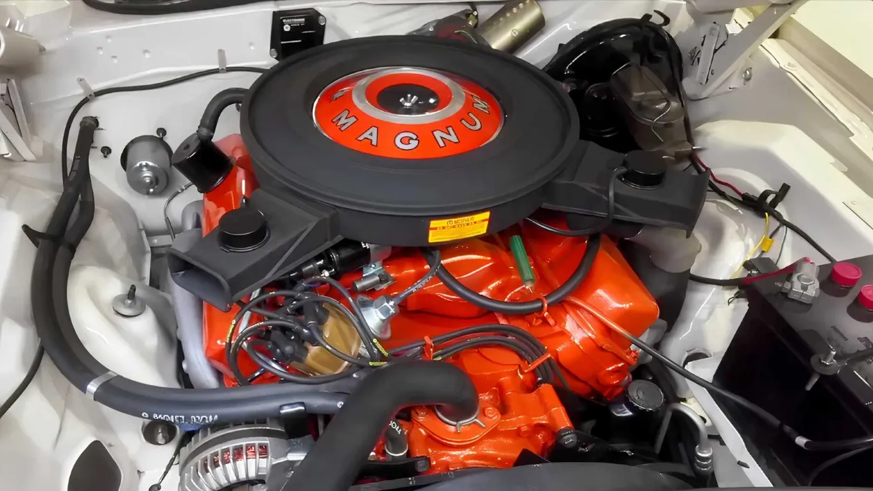 Close-up of the rebuilt 440 Magnum engine, showing the factory-correct hardware and electronic distributor, before installation into the Challenger.