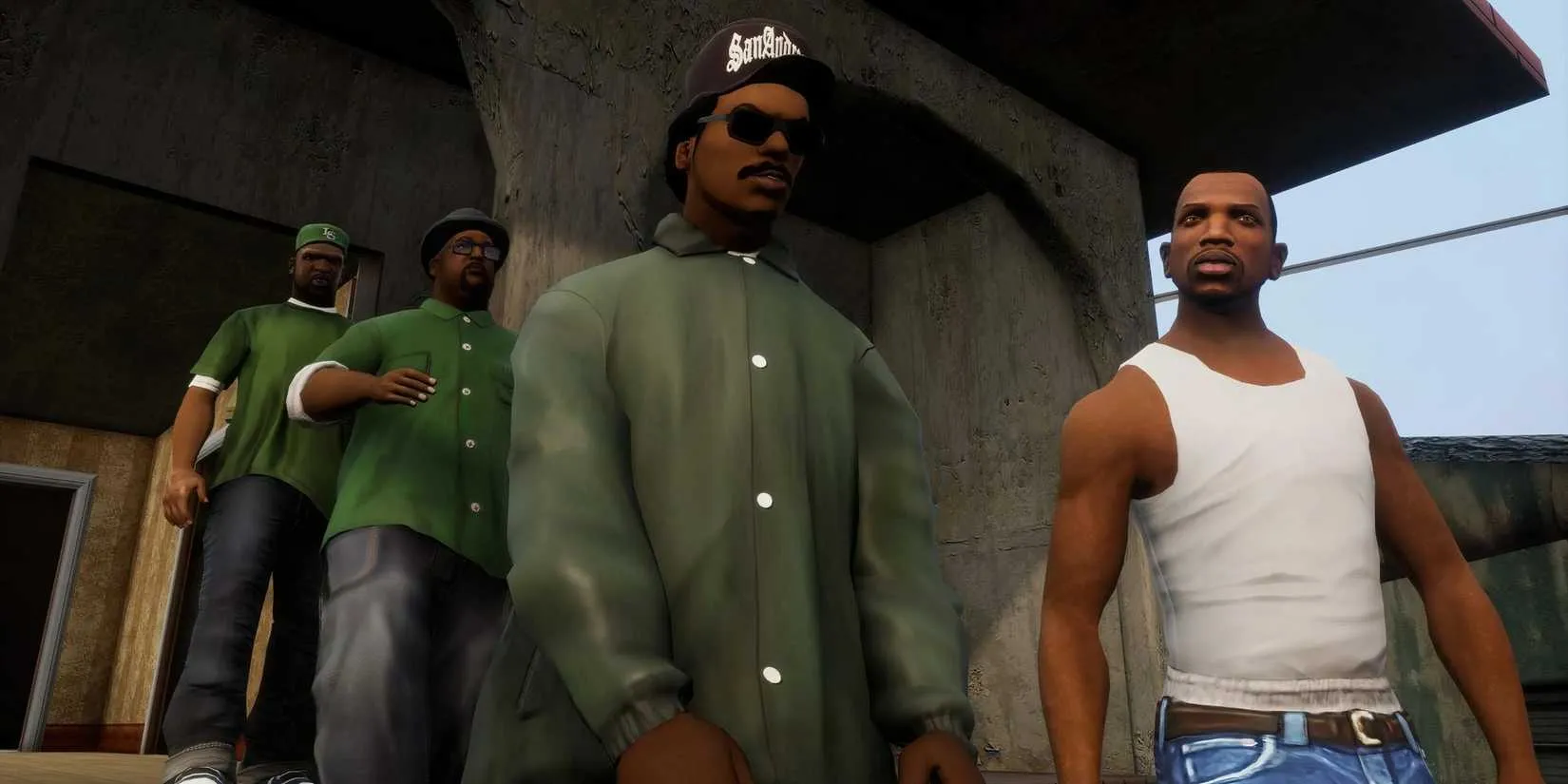 CJ stands ready on the streets of Los Santos in Grand Theft Auto: San Andreas