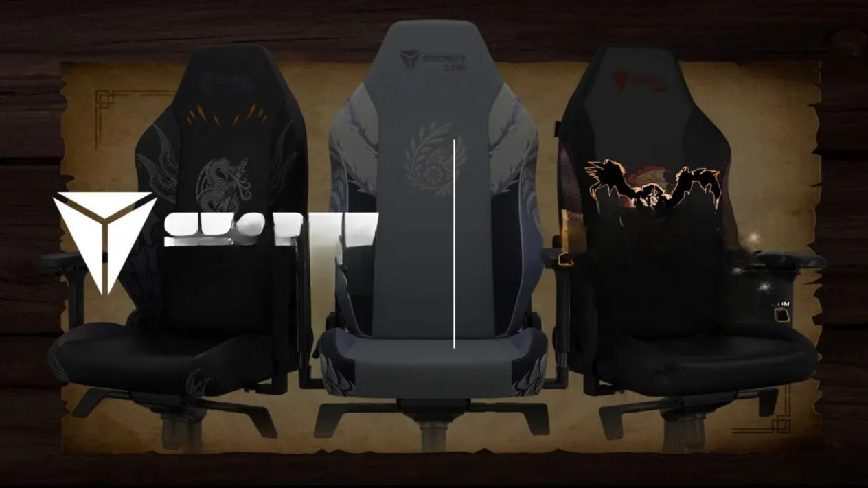 Secretlab Monster Hunter chair lineup with Arkveld, Fatalis, and Rathalos