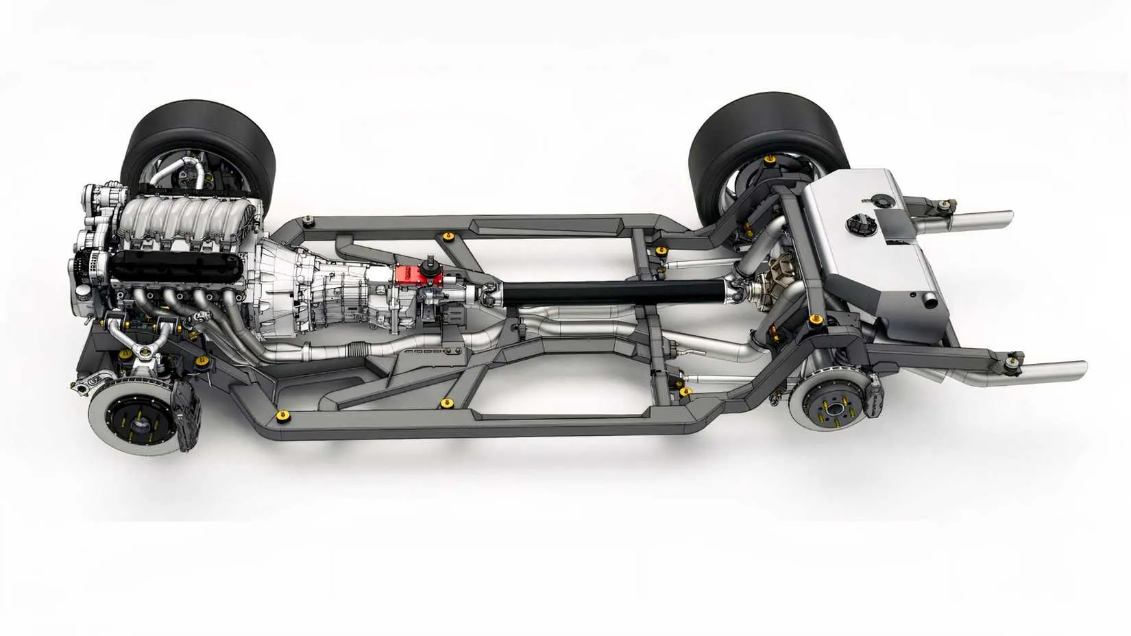 Close-up of the SPEC chassis components, including the four-link rear and Watts link
