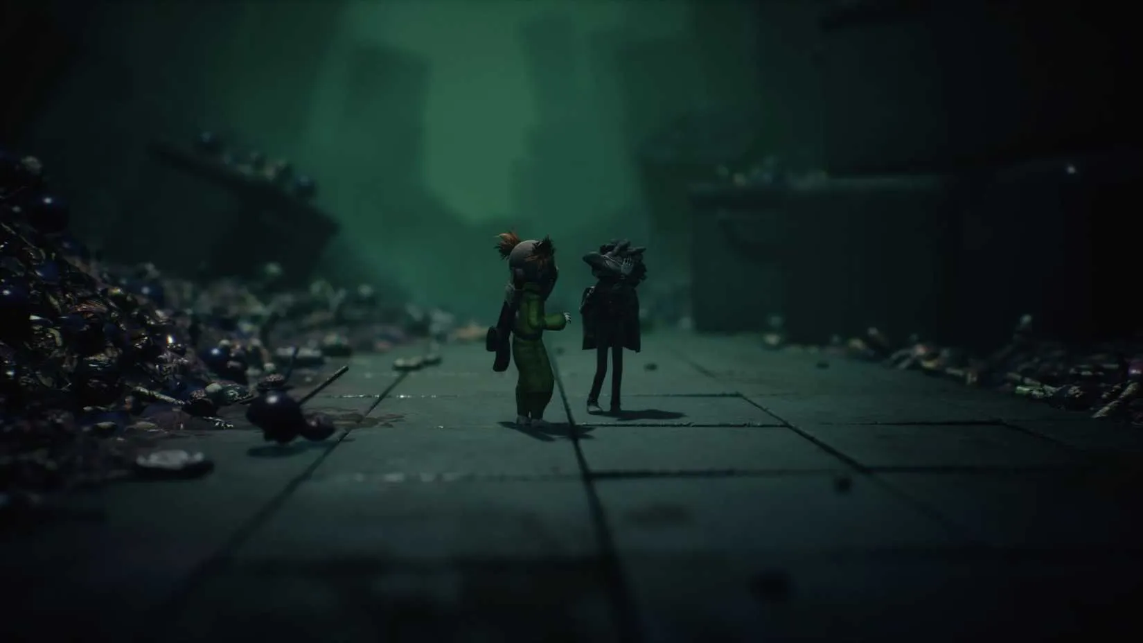 A flashback scene showing a silhouette of a child in a warm memory, contrasting with the dark reality