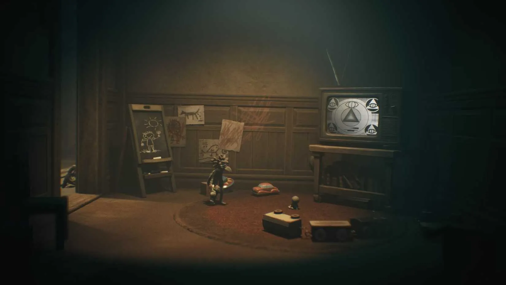 The dual-world mechanic showing a cracked filter over a wall revealing a hidden passage