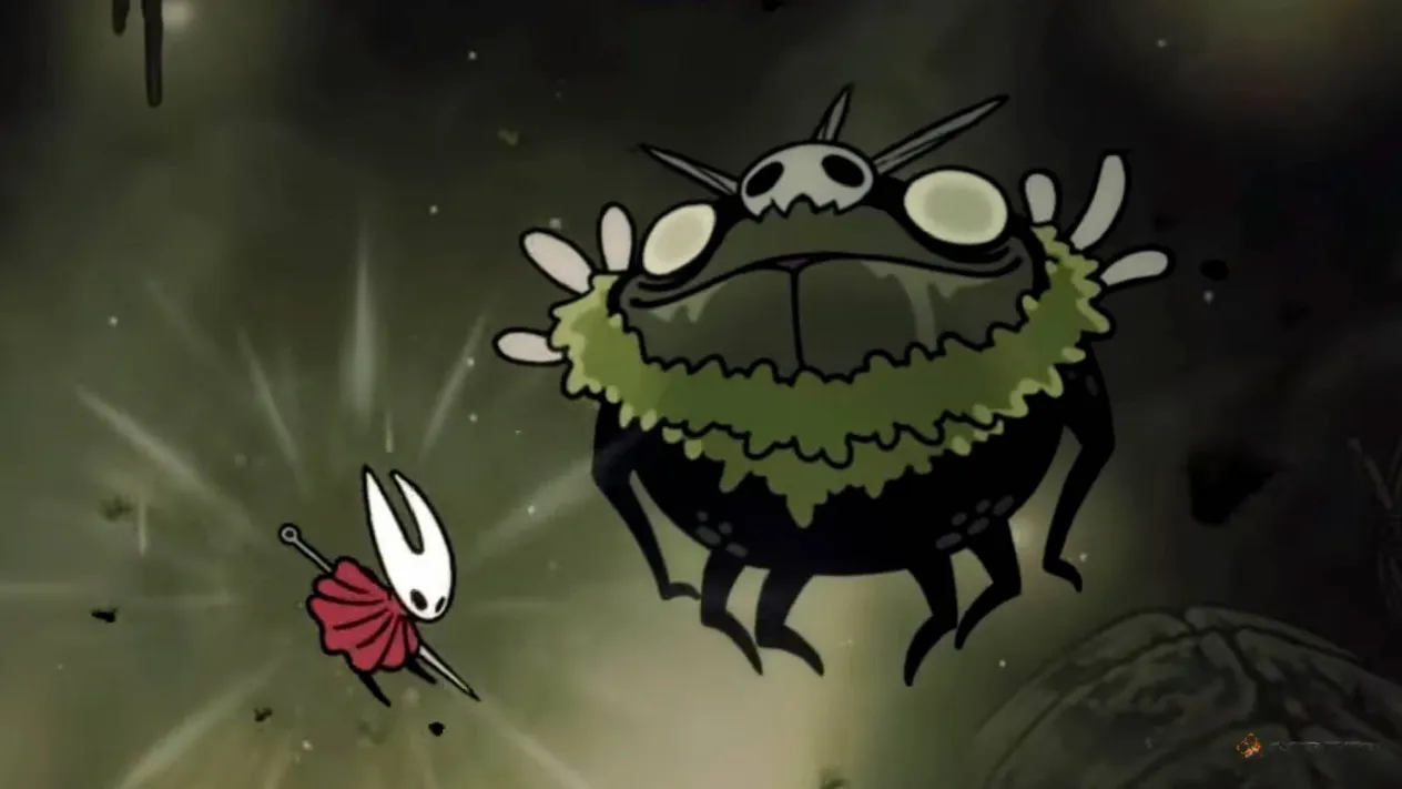 Hornet squaring up against the massive, poison-spewing Groal the Great in the muck-filled Bilewater arena