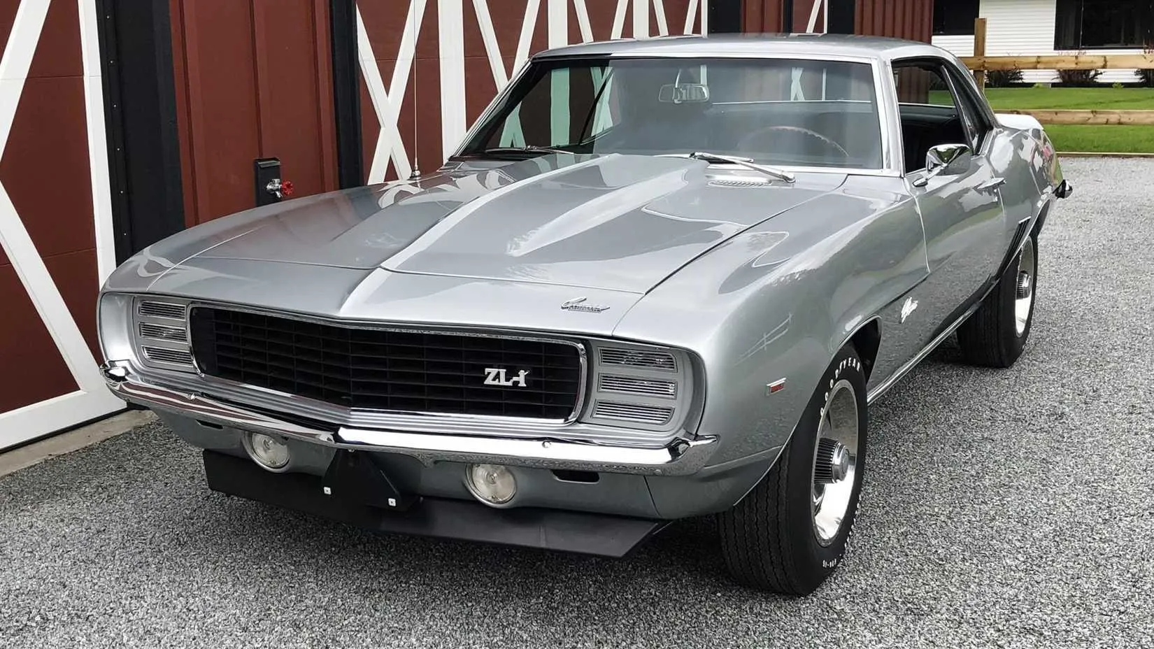 1969 Chevrolet Camaro ZL1 in silver, front three-quarter angle