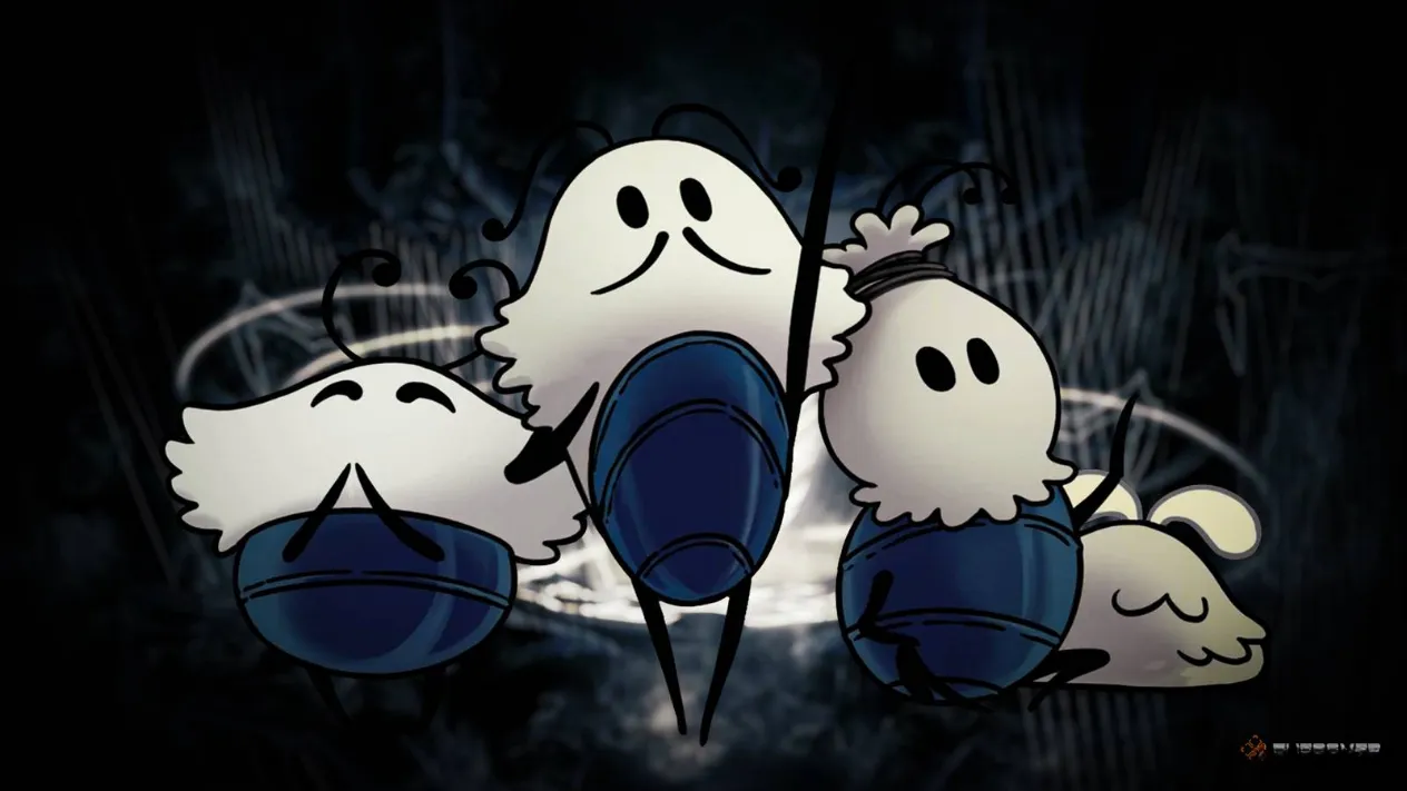 A gothic black background with three fleas hovering ominously, representing the Flea Brew in Hollow Knight: Silksong