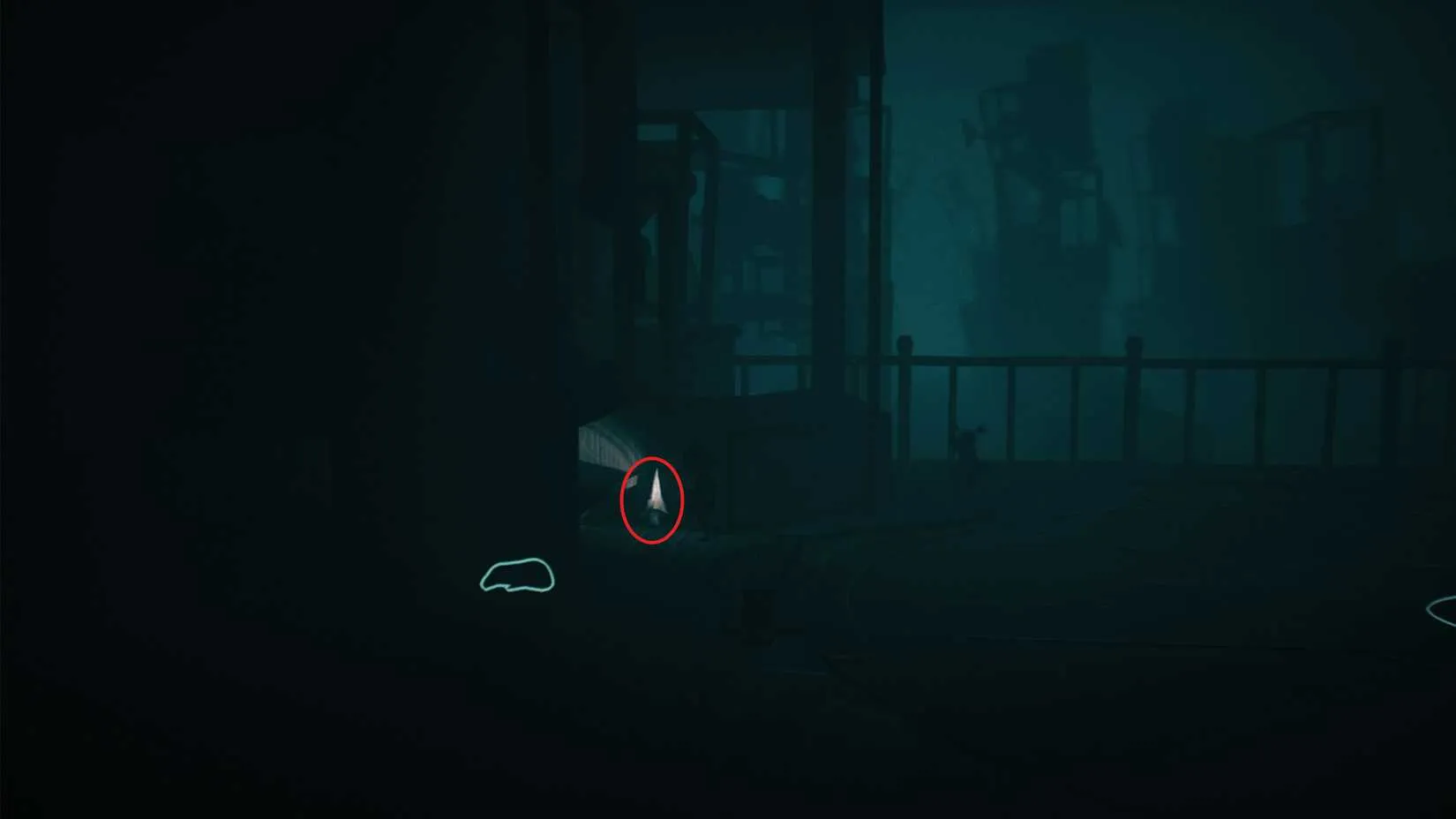 Nome visible in the beam of the flashlight in the dark circular room