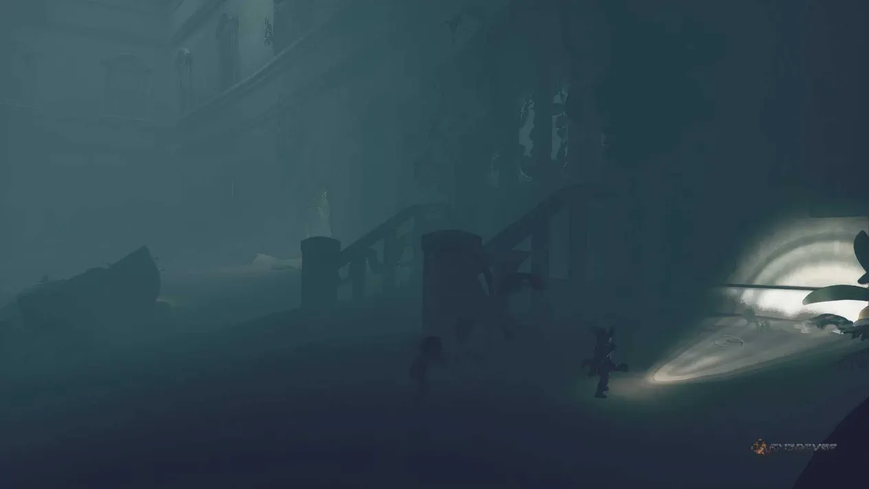 Alone pointing a light at a ghost drawing in the sand in Little Nightmares 3