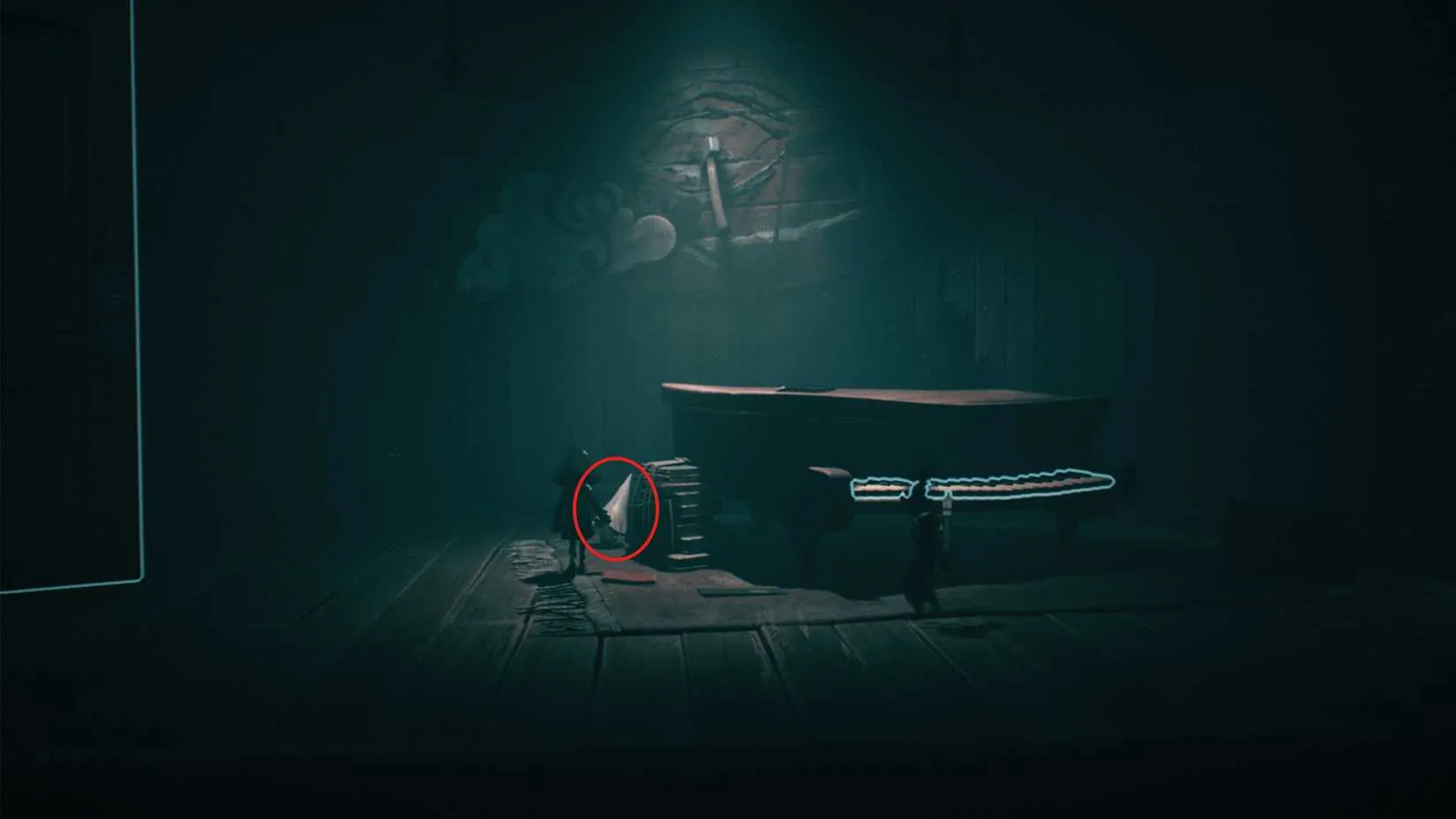 The Nome coming out of a secret door after running on the piano keys