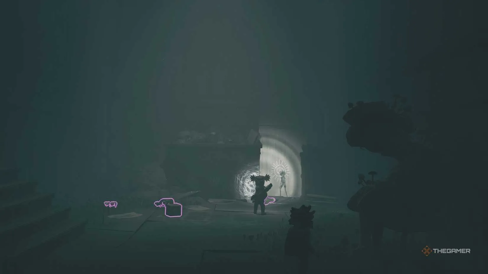 Alone shining a flashlight on a ghost in front of a sun in Little Nightmares 3