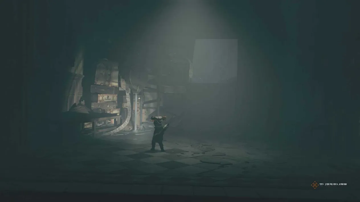 Alone shining her light on a bench in Little Nightmares 3