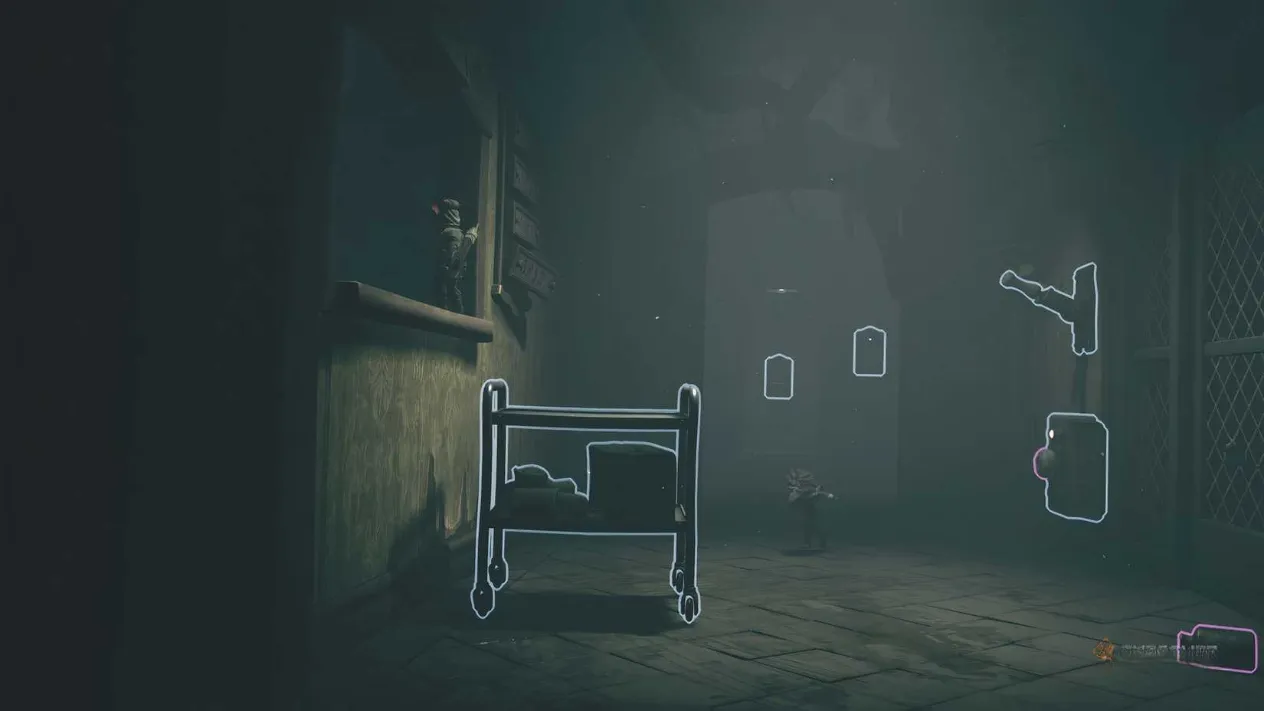 Alone using a cart to reach a window in Little Nightmares 3
