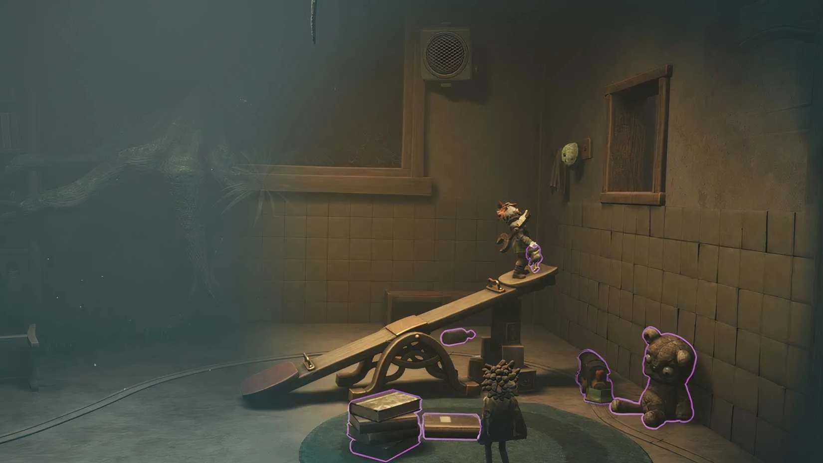 Alone throwing a doll through a window in Little Nightmares 3