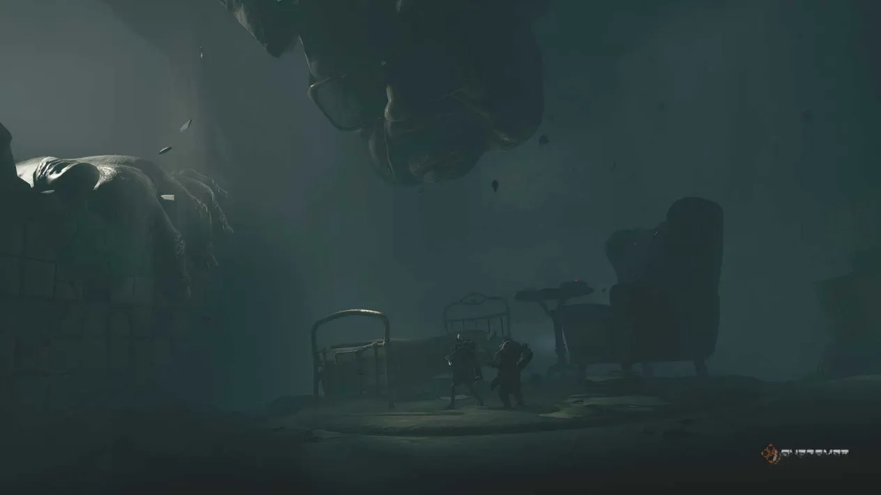 Low and Alone standing under a man's face in Little Nightmares 3
