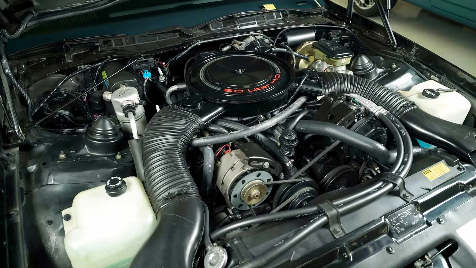 The 305 High-Output V8 engine, clean and untouched, with its Rochester carburetor sitting atop like a vintage game cartridge